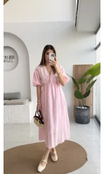 Alise Püsküllü V Yaka Balon Kol Elbise - Pembe - Kod: 3075