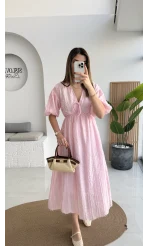 Alise Püsküllü V Yaka Balon Kol Elbise - Pembe - Kod: 3075