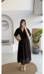 Alise Püsküllü V Yaka Balon Kol Elbise - Acı Kahve - Kod: 3075