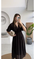 Alise Püsküllü V Yaka Balon Kol Elbise - Acı Kahve - Kod: 3075