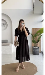 Alise Püsküllü V Yaka Balon Kol Elbise - Acı Kahve - Kod: 3075