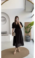 Alise Püsküllü V Yaka Balon Kol Elbise - Acı Kahve - Kod: 3075