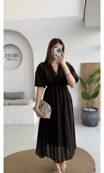 Alise Püsküllü V Yaka Balon Kol Elbise - Acı Kahve - Kod: 3075