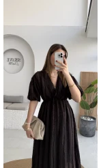 Alise Püsküllü V Yaka Balon Kol Elbise - Acı Kahve - Kod: 3075