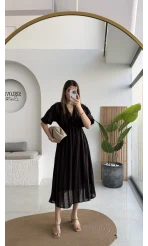 Alise Püsküllü V Yaka Balon Kol Elbise - Acı Kahve - Kod: 3075