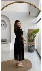 Alise Püsküllü V Yaka Balon Kol Elbise - Acı Kahve - Kod: 3075