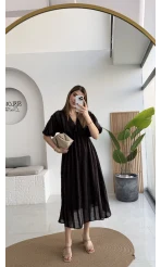 Alise Püsküllü V Yaka Balon Kol Elbise - Acı Kahve - Kod: 3075