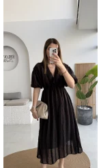 Alise Püsküllü V Yaka Balon Kol Elbise - Acı Kahve - Kod: 3075