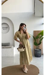 Alise Püsküllü V Yaka Balon Kol Elbise - Yeşil - Kod: 3075