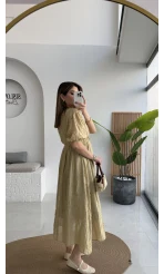 Alise Püsküllü V Yaka Balon Kol Elbise - Yeşil - Kod: 3075