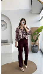 Sis Panto - Çimalı Ful Likralı Pantolon - Bordo - Kod: 1710