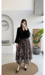 Janeka Desenli Asimetrik Kesim Şifon Etek - Kahve - Kod: 1293