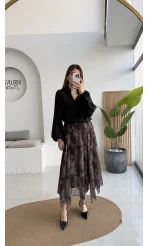 Janeka Desenli Asimetrik Kesim Şifon Etek - Kahve - Kod: 1293