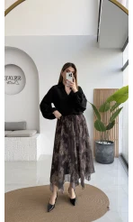 Janeka Desenli Asimetrik Kesim Şifon Etek - Kahve - Kod: 1293