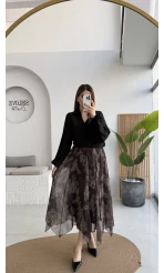 Janeka Desenli Asimetrik Kesim Şifon Etek - Kahve - Kod: 1293