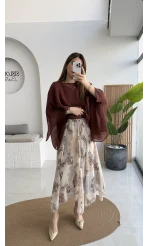 Janeka Desenli Asimetrik Kesim Şifon Etek - Bej - Kod: 1293