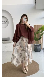 Janeka Desenli Asimetrik Kesim Şifon Etek - Bej - Kod: 1293