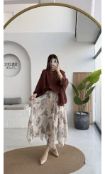 Janeka Desenli Asimetrik Kesim Şifon Etek - Bej - Kod: 1293