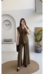 Adena Bağcıklı Bol Paça Pantolon Yelek Takım - Haki - Kod: 9306