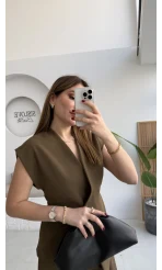 Adena Bağcıklı Bol Paça Pantolon Yelek Takım - Haki - Kod: 9306