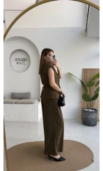 Adena Bağcıklı Bol Paça Pantolon Yelek Takım - Haki - Kod: 9306