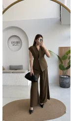 Adena Bağcıklı Bol Paça Pantolon Yelek Takım - Haki - Kod: 9306