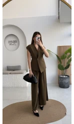 Adena Bağcıklı Bol Paça Pantolon Yelek Takım - Haki - Kod: 9306