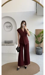 Adena Bağcıklı Bol Paça Pantolon Yelek Takım - Bordo - Kod: 9306