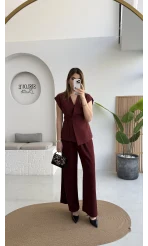 Adena Bağcıklı Bol Paça Pantolon Yelek Takım - Bordo - Kod: 9306
