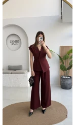 Adena Bağcıklı Bol Paça Pantolon Yelek Takım - Bordo - Kod: 9306