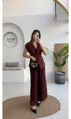 Adena Bağcıklı Bol Paça Pantolon Yelek Takım - Bordo - Kod: 9306
