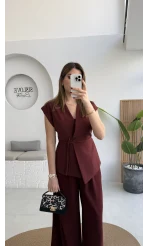 Adena Bağcıklı Bol Paça Pantolon Yelek Takım - Bordo - Kod: 9306