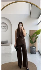 Rowena Yaka Detay Yelek-Pantolon Takım - Bitter - Kod: 9692