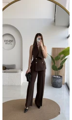 Rowena Yaka Detay Yelek-Pantolon Takım - Bitter - Kod: 9692