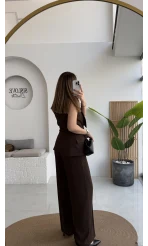 Rowena Yaka Detay Yelek-Pantolon Takım - Bitter - Kod: 9692