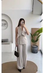 Rowena Yaka Detay Yelek-Pantolon Takım - Bej - Kod: 9692