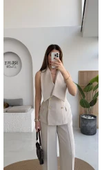 Rowena Yaka Detay Yelek-Pantolon Takım - Bej - Kod: 9692