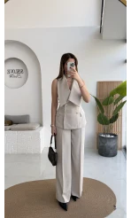 Rowena Yaka Detay Yelek-Pantolon Takım - Bej - Kod: 9692