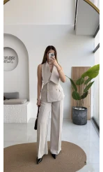 Rowena Yaka Detay Yelek-Pantolon Takım - Bej - Kod: 9692