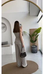 Rowena Yaka Detay Yelek-Pantolon Takım - Bej - Kod: 9692