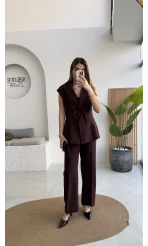 Enola Blazer Yelek-Pantolon Takım - Mürdüm - Kod: 8995