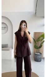 Enola Blazer Yelek-Pantolon Takım - Mürdüm - Kod: 8995