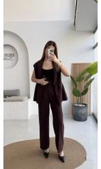 Enola Blazer Yelek-Pantolon Takım - Mürdüm - Kod: 8995