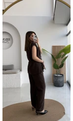 Enola Blazer Yelek-Pantolon Takım - Kahverengi - Kod: 8995