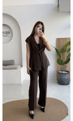 Enola Blazer Yelek-Pantolon Takım - Kahverengi - Kod: 8995