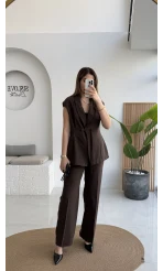 Enola Blazer Yelek-Pantolon Takım - Kahverengi - Kod: 8995