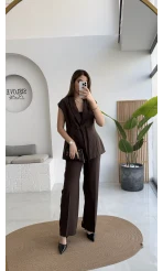 Enola Blazer Yelek-Pantolon Takım - Kahverengi - Kod: 8995