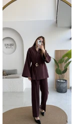 Poppy Toka Kemerli Ceket Pantolon Takım - Mürdüm - Kod: 9021