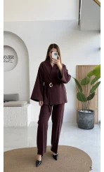 Poppy Toka Kemerli Ceket Pantolon Takım - Mürdüm - Kod: 9021