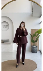 Poppy Toka Kemerli Ceket Pantolon Takım - Mürdüm - Kod: 9021